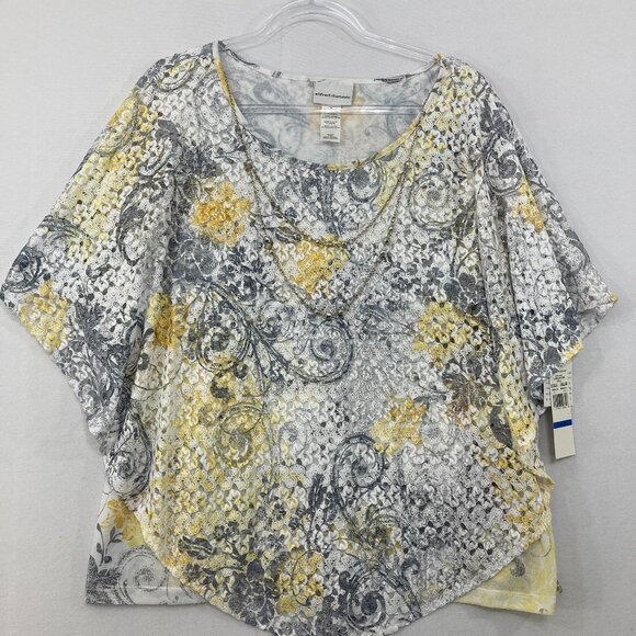 New Alfred Dunner size XL Yellow Gray Abstract Lace Overlay Poncho Top Artsy - Picture 1 of 8
